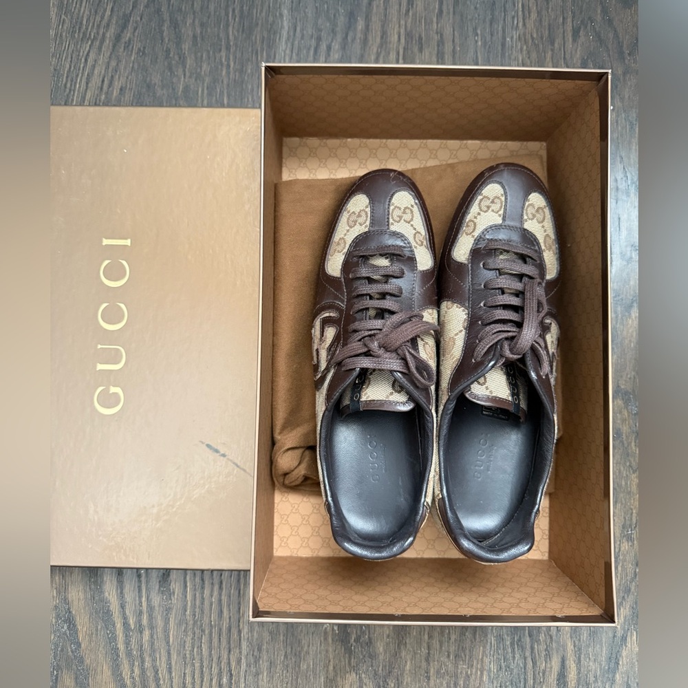 Gucci Vintage Brown Napa Moorea Monogram Woman’s Size 6 Sneakers